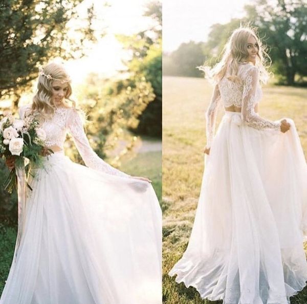

bohemian chiffon wedding dress 2 pieces wedding dresses lace long sleeves zipper back custom made plus size, White