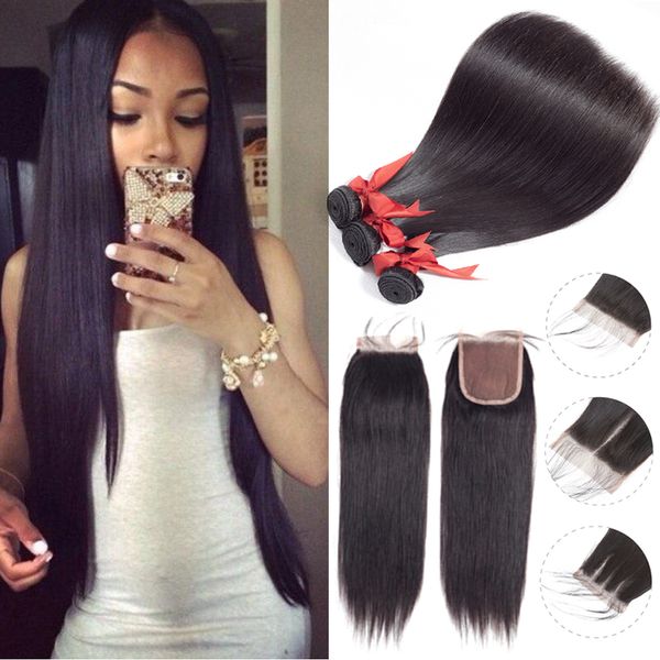 

peruvian virgin hair straight 3 bundles with closure straight human hair with closure 7a peruvian virgin hair with closure, Black;brown