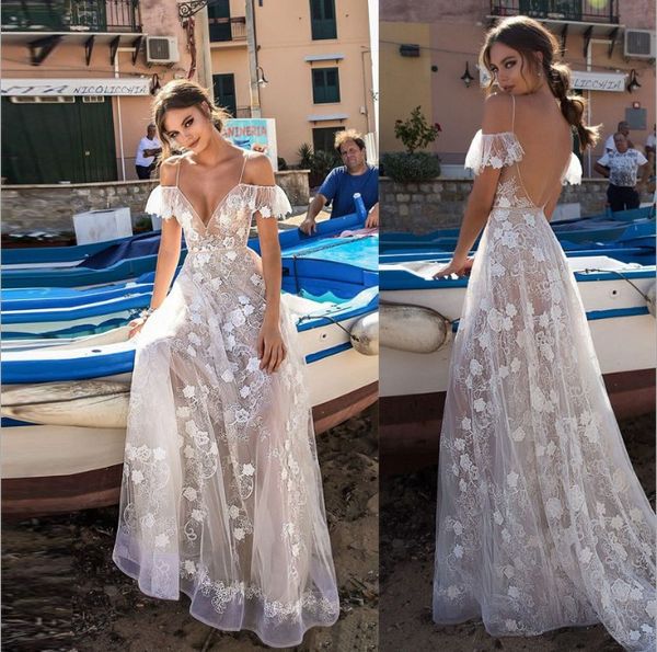 Sexy senza spalline una linea abito da ballo in pizzo con scollo a V abito da sera formale senza schienale spiaggia abiti da sposa bohémien realizzati su misura