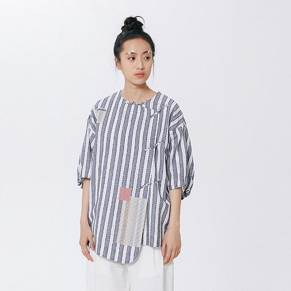 

summer new design women blouse lady short-sleeved shirt cotton retro chinese style high-quality stripe print letters embroidered, White