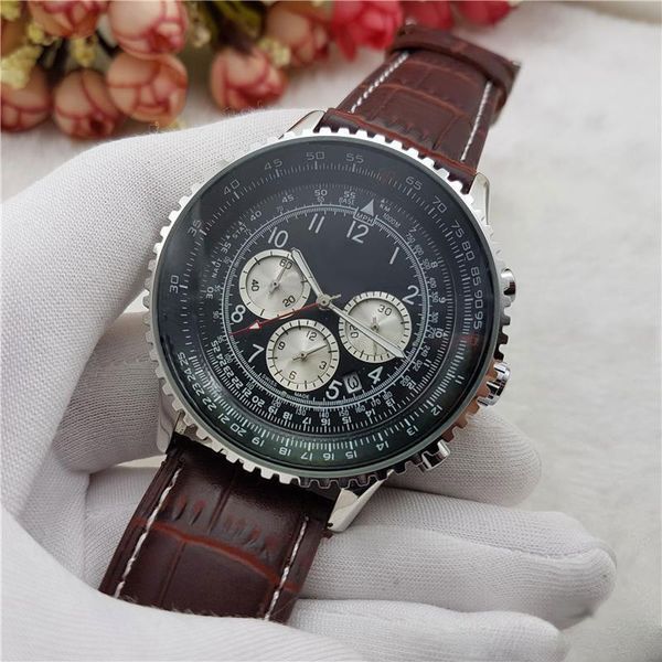 

2018 3 dials working quartz watch mens leather chronograph wristwatches stainless steel classic pilot relogio relojes, Slivery;brown