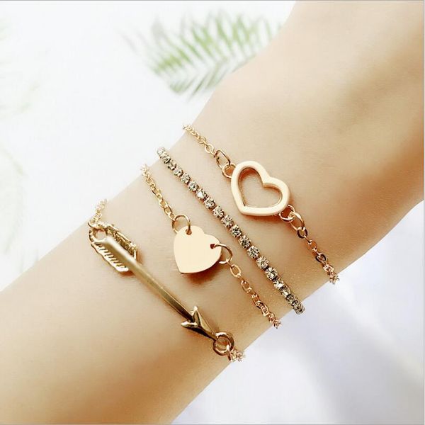 

4 pcs/ set women bracelets bohemian love arrow round crystal chain opening gold bracelet set women fashion apparel jewelry, Black