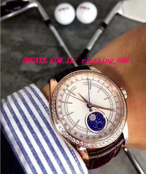 

luxury watch new 18k gold white dial diamond bezel 39mm moon phase model men's watch m50525-0002 automatic mens wristwatch, Slivery;brown