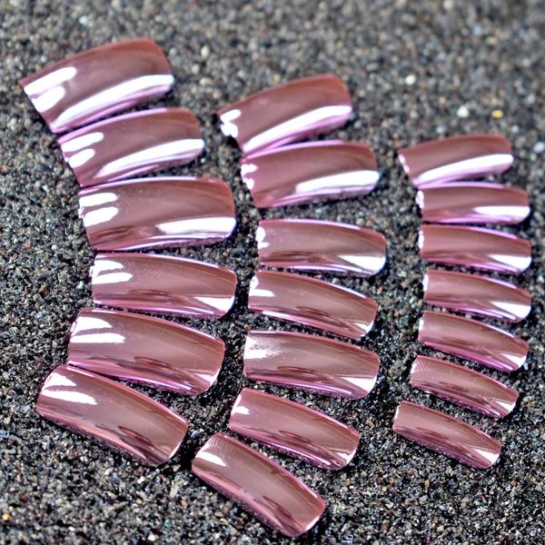 

20pcs metal reflective mirror pink long square false nail tips manicure metallic plating punk style fake nail art decoration, Red;gold