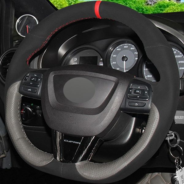 

dark gray genuine leather black suede car steering wheel cover for seat leon