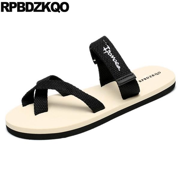 

strap beach slides toe loop flat thong slippers flip flop designer shoes men summer sandals slip on fashion 2018, Black