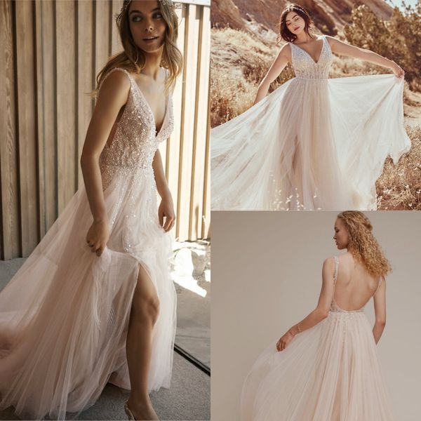 

2019 дешевые свадебные платья платья линия v neck lace бисером блестки sexy backless side split bohemian свадебное платье румяна boho люкс, White