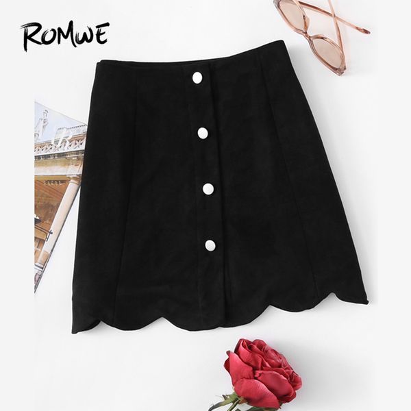 

scallop hem single breasted suede skirt mid waist plain button ladies summer fashion a line above knee short skirt, Black