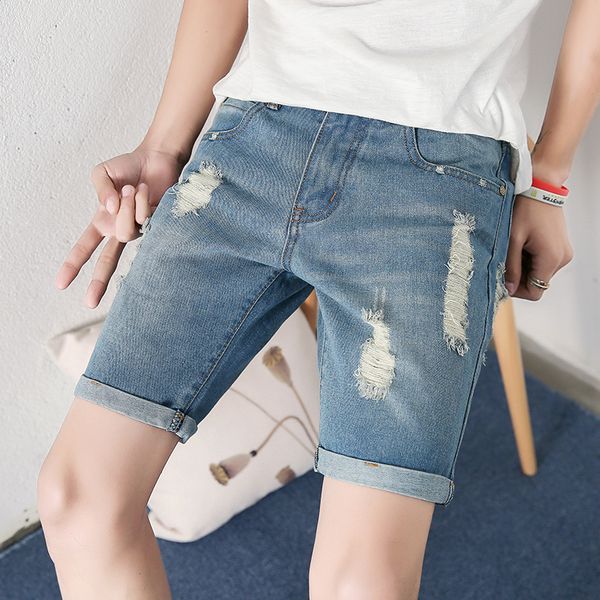 

mens denim shorts slim large size casual fashion knee length short hole youth jeans shorts for male 2018 new summer, Blue