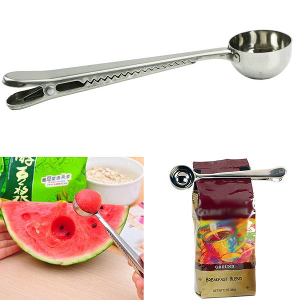 

1pc multifunction stainless spoons kitchen ground coffee measuring scoop spoon with bag sealing clip stunning tools