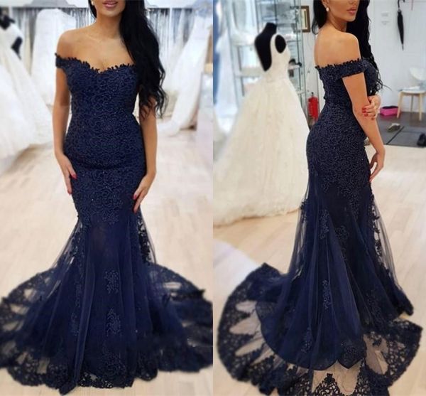 

Mermaid Lace Navy Blue Prom Dresses Off The Shoulder Appliques Tulle Sweep Train Elegant Evening Dresses Formal Party Dresses