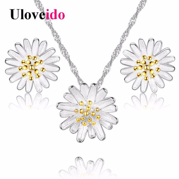 

whole saleuloveido flower silver color jewelry sets necklace decorations for women earrings yellow pendant with chain party gifts dml01