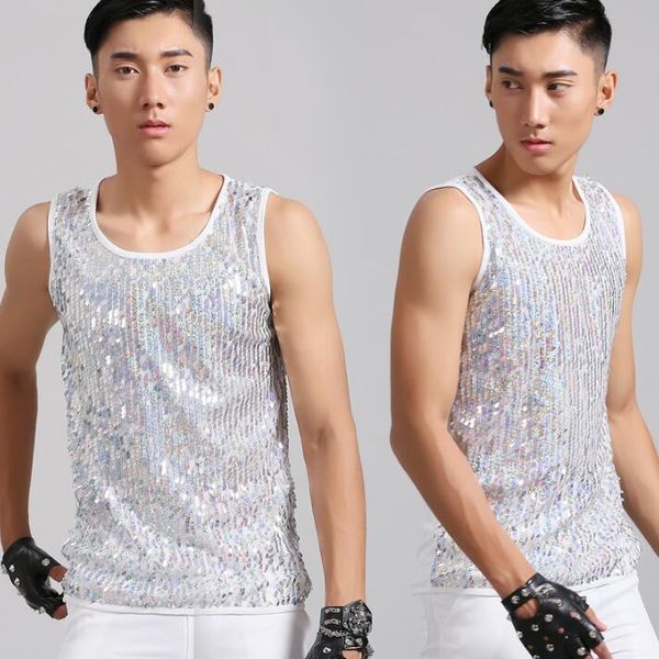 

summer style personality slim male sleeveless sequin vest men punk rock tight-fitting slim singer dance stage star fashion, Black;white
