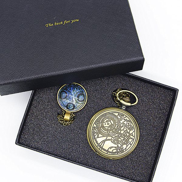 

antique bronze doctor who theme fashion pocket watch sets with dr. who symbols design glass dome pendant packing with gift box, Slivery;golden