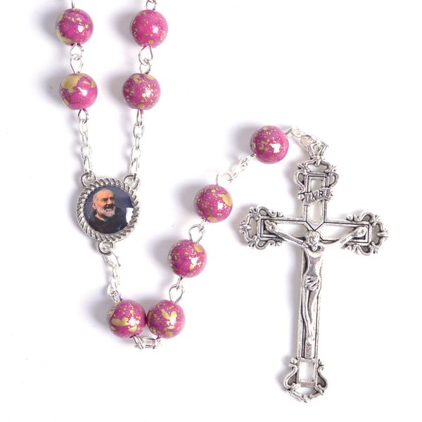 

trendy religious round light purple acrylic beads st pio rosary necklace, Silver