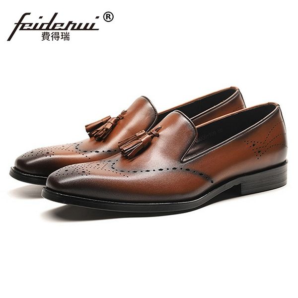 

vintage man formal dress brogue shoes genuine leather pointed toe slip on flats breathable carved men's wingtip loafers ss390, Black