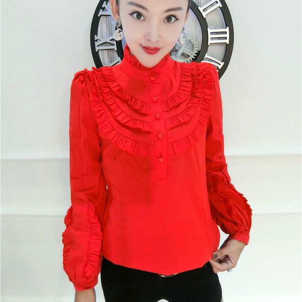 

2018 long leeve ruffled collar cotton shirts women office work shirts lady ruffles cotton female ruffles blouses, White