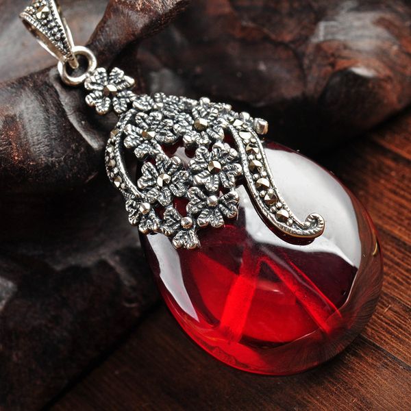 

925 sterling silver retro waterdrop red garne with marcasite necklace pendant women thai silver fine jewelry gift ch029173