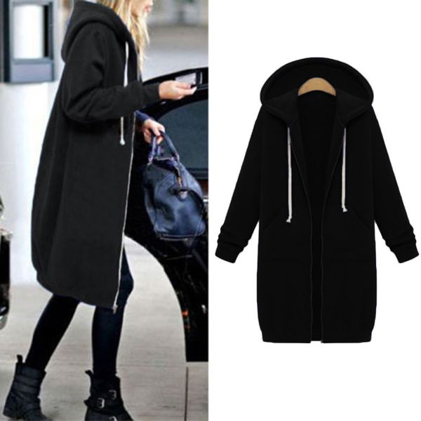 

fashion autumn winter coat women fashion casual long zipper hooded jacket hoodies sweatshirt vintage plus size outwear coat 5xl, Black