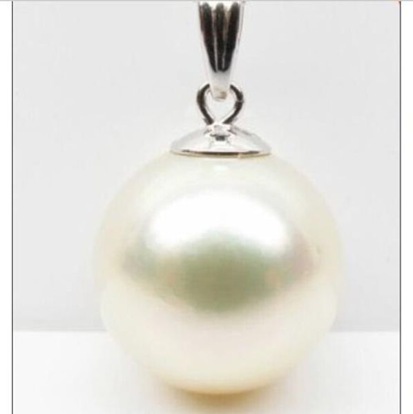 

huge 16mm natural south sea white perfect round shell pearl pendant 14k white, Silver
