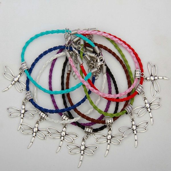 

сплав древний серебряный стрекоза животных очарование кулон 20 + 5 см многоцветный кожа тканые веревки браслет женщин ювелирные изделия праз, Golden;silver