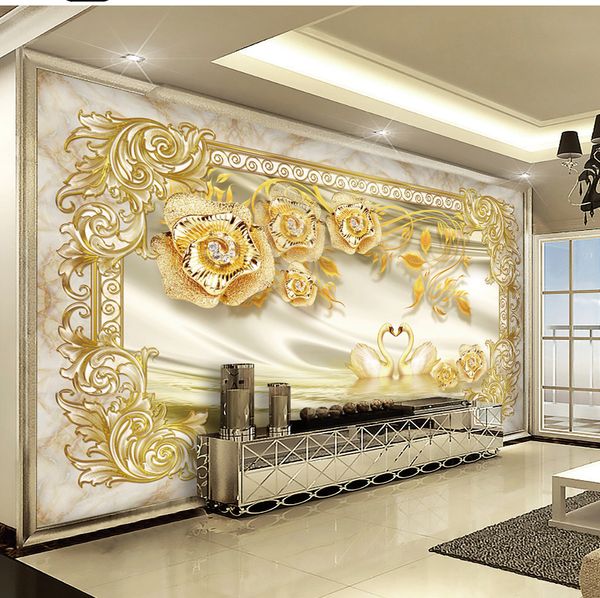 

custom retail 3d gold peony swan lake classical pattern jewelry indoor tv background wall decoration mural