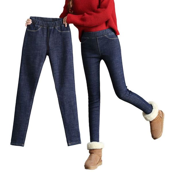 

plus velvet skinny jeans woman vintage slim autumn winter warm high waist jeans women streetwear ladies pencil pants z10, Blue