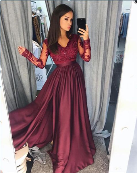 

elegant v-neckline long a-line evening dresses long sleeves burgundy lace appliques slit prom dresses evening gowns, Black;red