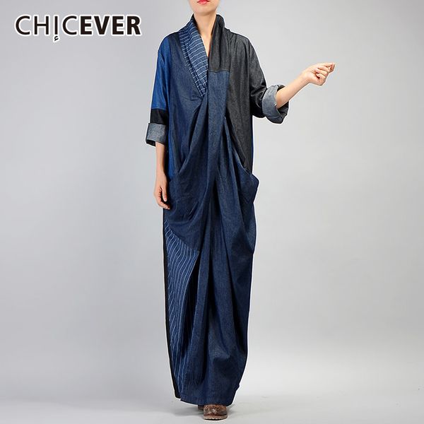 

chicever 2018 autumn denim dresses for women loose oversize long sleeve hem split two pockets dress female fashion tide new, Black;gray