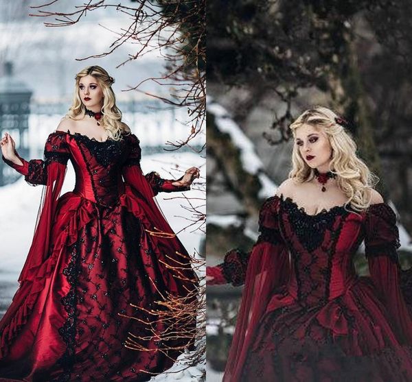 

new gothic sleeping beauty princess medieval burgundy and black wedding dress long sleeve lace appliques victorian masquerade bridal gowns, White