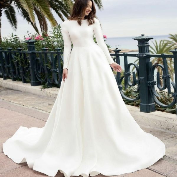 

satin vintage long sleeves wedding dresses bateau sweep train simple country style muslim wedding dress vestido de novia bridal gowns, White