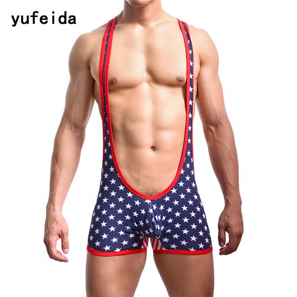 

yufeida men's bodybuilding wrestling singlet cotton jumpsuit leotard bodysuit one-piece usa flag stars stripes underwear, Black;brown