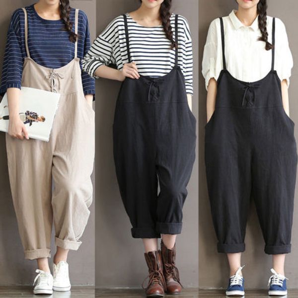 

2018 on new women pants loose cotton linen strap casual trousers pants, Black;white