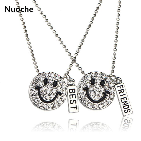 

new friend 2 pcs smile face womens necklaces crystal splicing heart alloy pendant chain bff jewelry gift for friendsship, Silver
