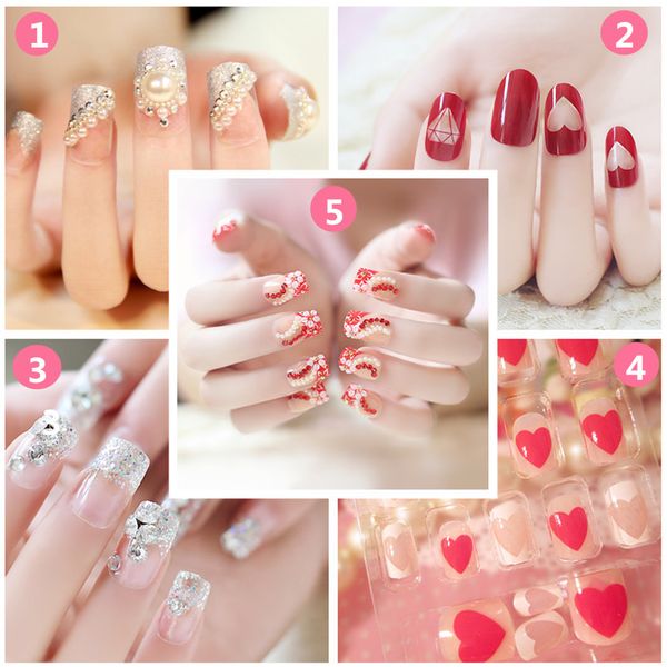 

24pcs 3d fake nails ongles full nails tips art decoration false diy manicure for wedding bride lady makeup, Red;gold
