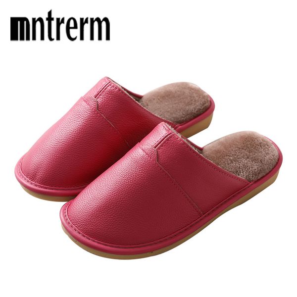 

mnternm 2018 new genuine leather home slippers non-slip thick women men slippers winter plush warm indoor shoes plus size 35-44, Black
