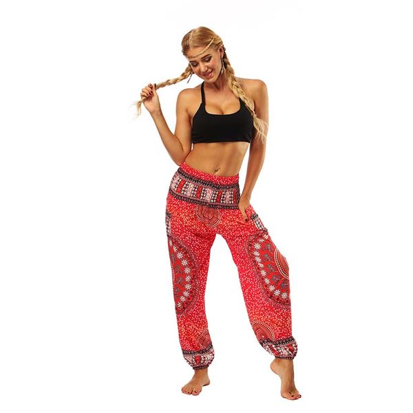 

2019 women lantern yoga pants forest ethnic style wide leg pants thailand elastic dancing loose fit high waist beach trousers ing, White;red