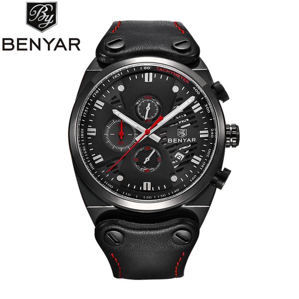 

2018 new benyar skeleton calendar men's watches chronograph real three dial waterproof outdoor hollow sports watch, Slivery;brown