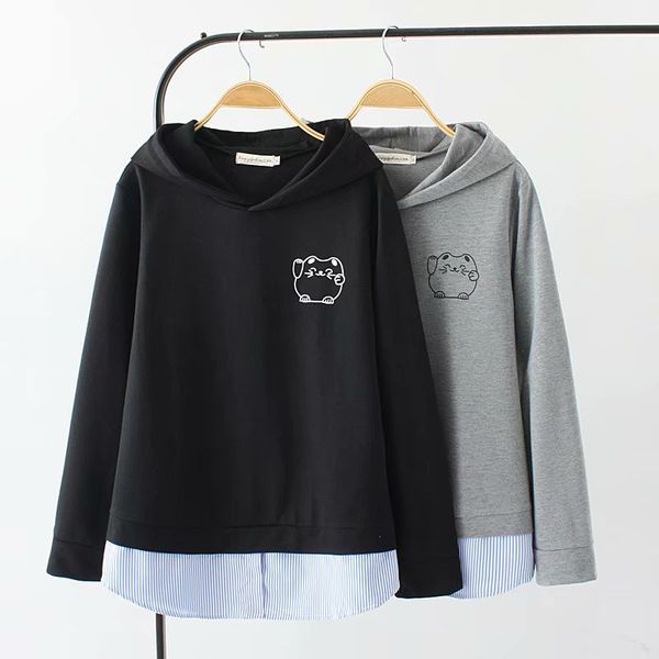 

plus size gray & black two false pieces sweatshirt femme 2018 autumn print hoodies hooded long sleeves women pullovers 4xl