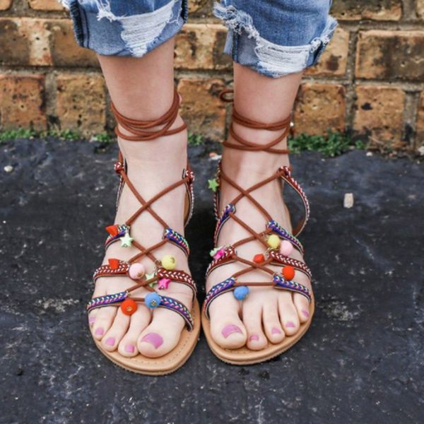

women pom sandals casual lace up shoes ankle strap flats gladiator boho slider fashion flip flops ladies shoes sandalias mujer, Black