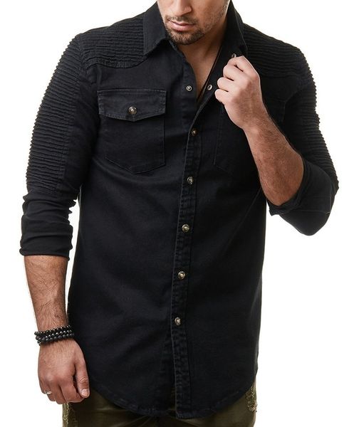 

men's jackets pleated shoulder-length solid denim jacket men long-sleeved washed denim shirt, Black;brown