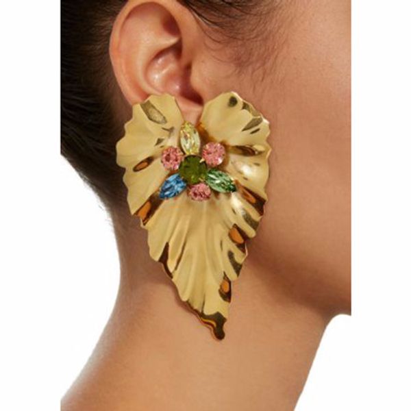 

exaggerated temperament inlaid rhinestone love earrings stylish metal texture geometric leaves tide female jewelry, Golden