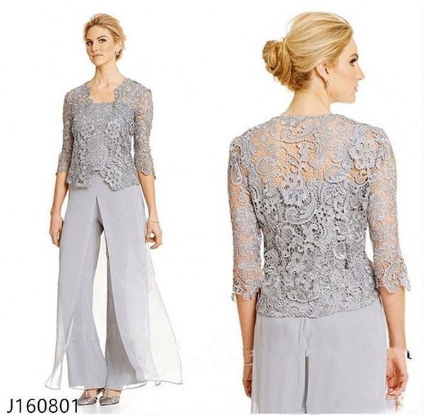 Tailleur pantalone per la madre della sposa in pizzo di classe con giacca in chiffon tre pezzi abito per invitati al matrimonio abiti da sposo taglie forti2108