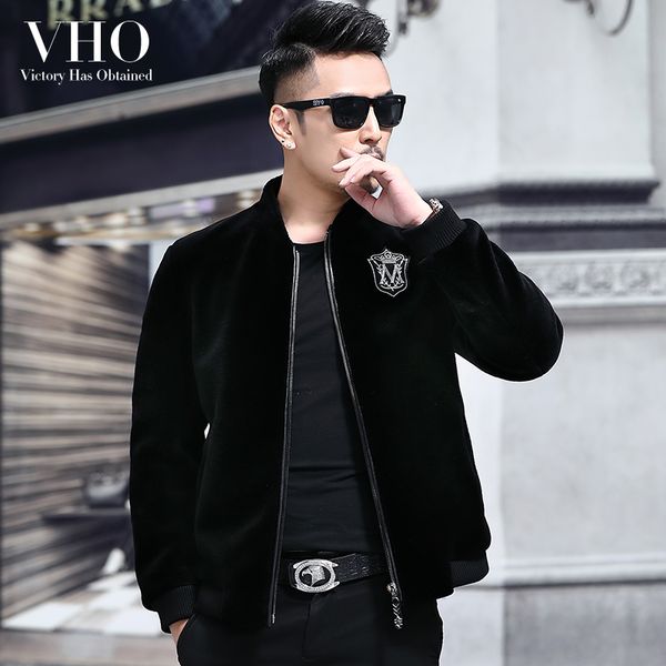 

vho warm thick natural real fur lamb wool coats for men baseball uniform fashion shearling motorcycle genuine leather jacket, Black