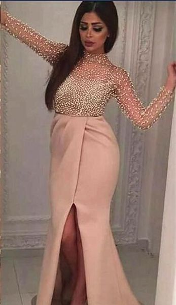 

jersey mermaid evening dresses 2018 high neck luxury beading pearls sheer long sleeves prom dresses formal party dresses robe de soire, Black