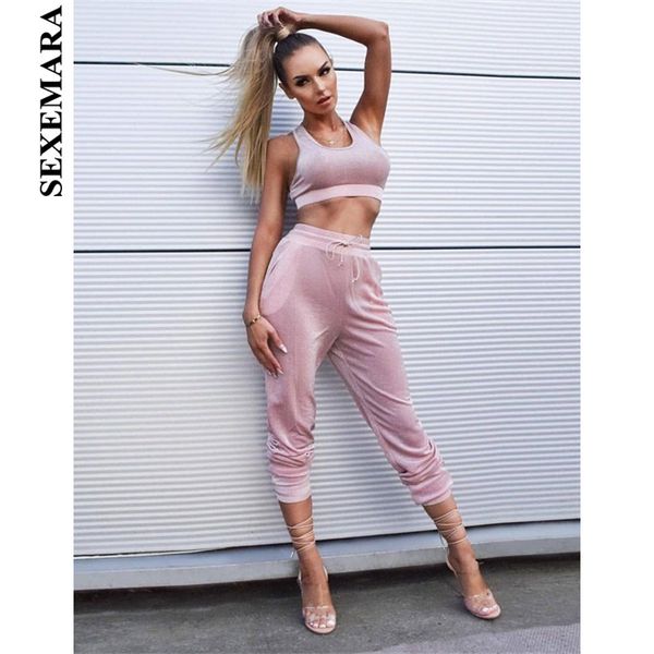 

sexemara 2018 осень спортивный костюм женщин из двух 2 шт. комплект сексуальная свободного покроя спортивный костюм клубный комплект топ брю, Gray