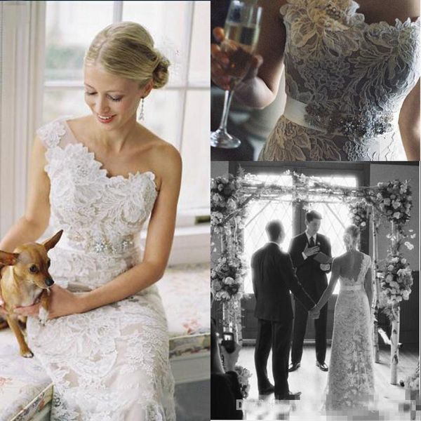 

modest one shoulder full lace wedding dresses mermaid with crystals sash plus size bohemian beach country bridal wedding gowns, White