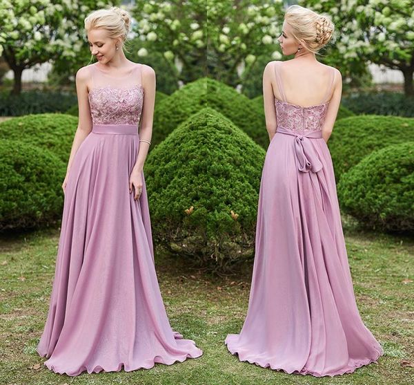 Abiti da damigella d'onore rosa in chiffon lungo chiffon a-line senza maniche in pizzo senza schienale a pizzo corto Maid of Honor abiti DH4018