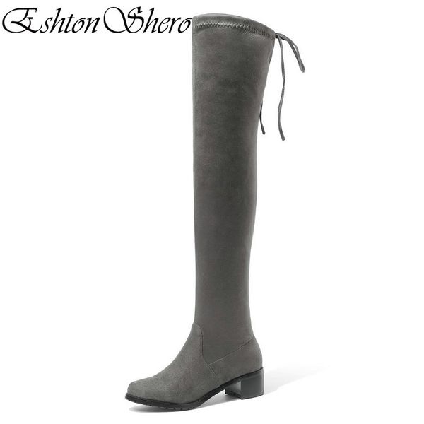 

eshtonshero shoes woman over the knee boots pu leather square med heel new arrivals platform ladies motorcycle boots size 34-43, Black