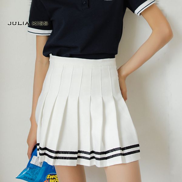 

women striped pleated skirts with safety shorts preppy style mini skirts high waist pleated skirt, Black